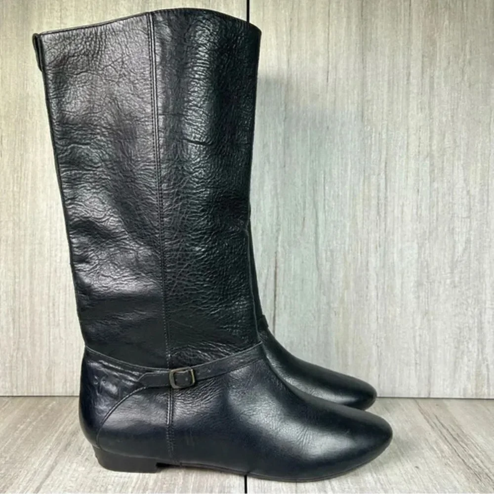 Frye Bonnie Black Leather Low Heel Flat Mid Calf Tall Ring Boots Women’s Size 6
